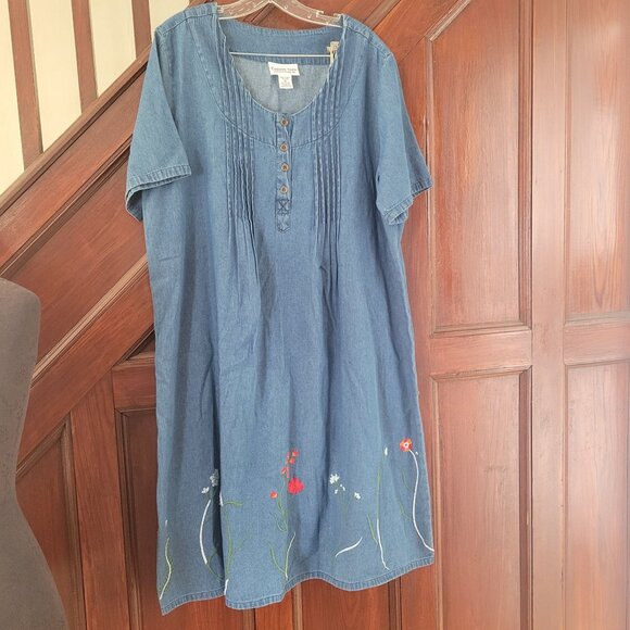 Country Store Embroidered Denim Tunic Dress XL Blue Floral Buttons Short Sleeve - Picture 7 of 8
